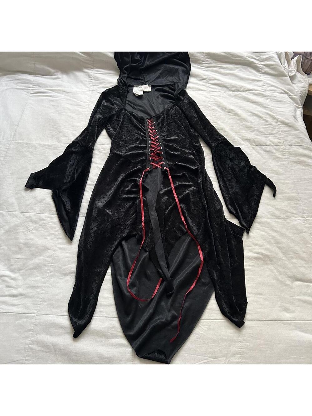 Black Velvet Hooded Gothic Witch Dress Small Corset Lace Up Halloween Costume